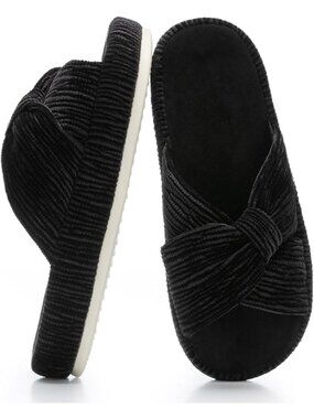Women's Black Memory Foam House Corduroy Bow Crossbands Comfy Slipper Shoes